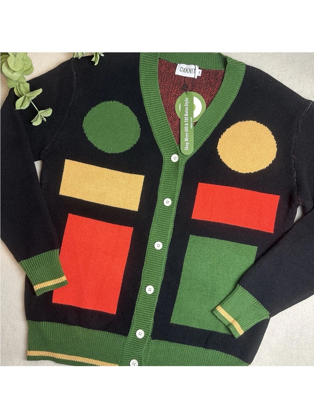 Oxknit Men's Retro Grandpa Cardigan Bright Artsy Geometric 60s 70s NWT - Picture 12 of 12